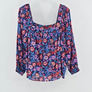 Vineyard Vines Tisbury Floral Square Neck Top Size XL Peasant Boho Cotton Blouse